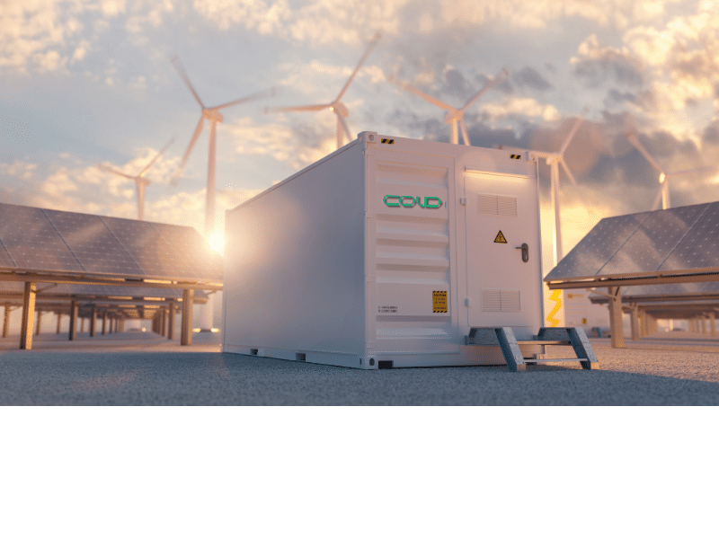 20呎儲能櫃背景是風力發電跟太陽能